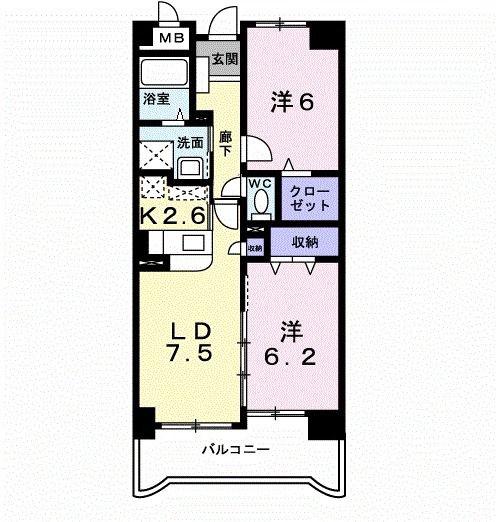 ボヌール綾の杜(2LDK/4階)の間取り写真