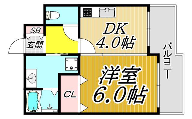サウスサイド武庫之荘(1DK/4階)の間取り写真