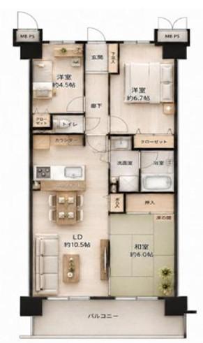 ライオンズマンション寝屋川(3LDK/3階)の間取り写真