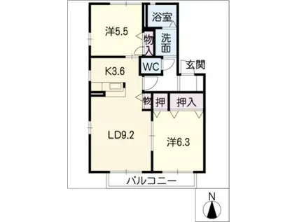トゥインクル高上B棟(2LDK/1階)の間取り写真