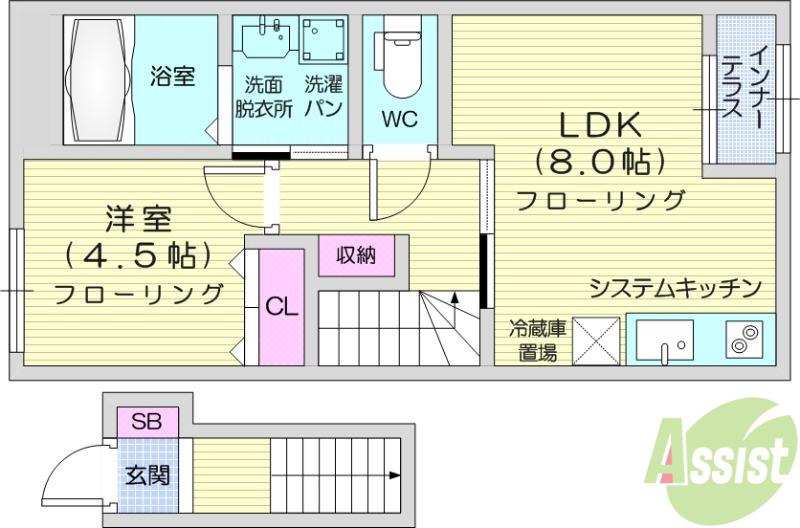 翠月荘 つむぎ(1LDK/2階)の間取り写真