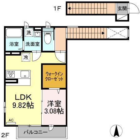 ドゥ・薬師堂 A(1LDK/2階)の間取り写真