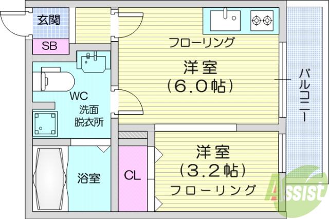メリディアン国見弐番館(ワンルーム/2階)の間取り写真