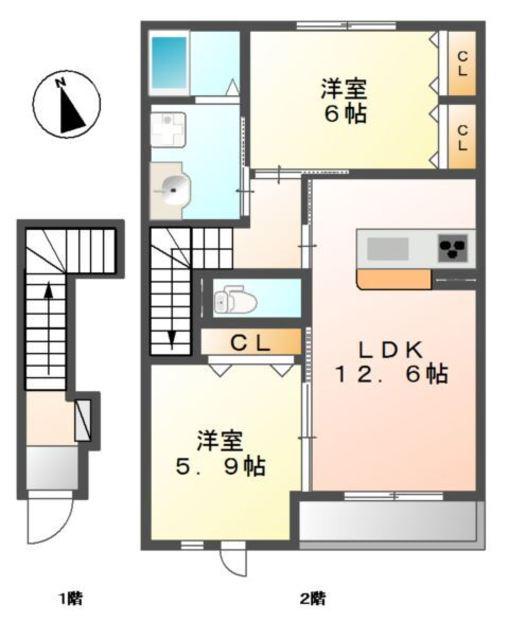 SOLEIL(2LDK/2階)の間取り写真