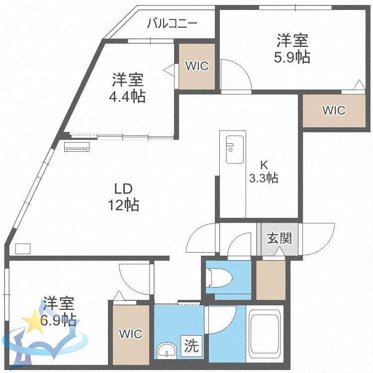 ビッグレジデンス旭ヶ丘(3LDK/3階)の間取り写真