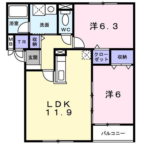 アンソレイエI(2LDK/2階)の間取り写真