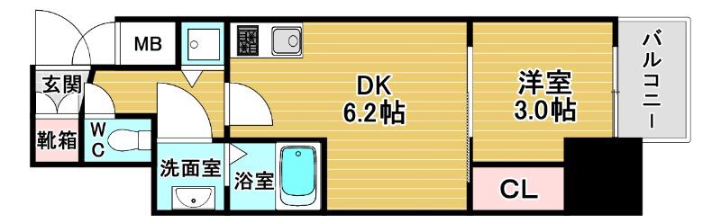 エスリード大阪セレスティア(1DK/2階)の間取り写真