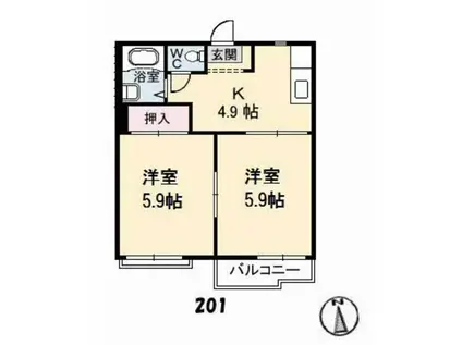 岡本ハイツ B棟(2K/2階)の間取り写真