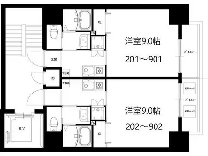モノトーン難波(1K/9階)の間取り写真