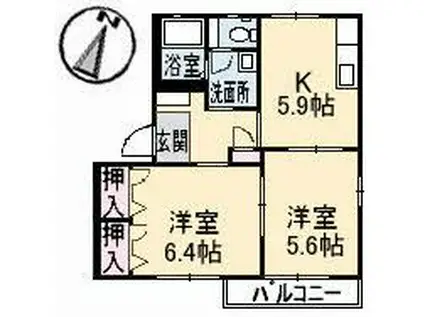 クィーンヴィラ若宮(2K/2階)の間取り写真