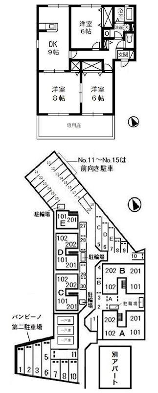 バンビーノB棟(3DK/1階)の間取り写真