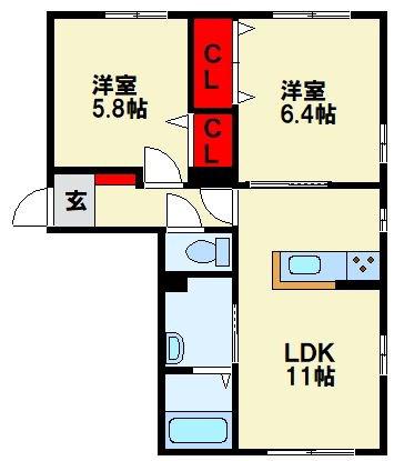 ソシア平尾 C棟(2LDK/1階)の間取り写真