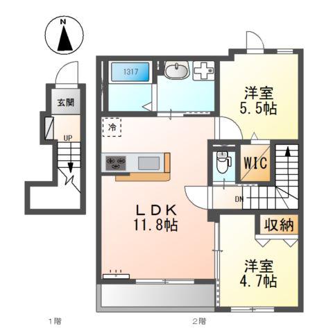 シャンペトル(2LDK/2階)の間取り写真