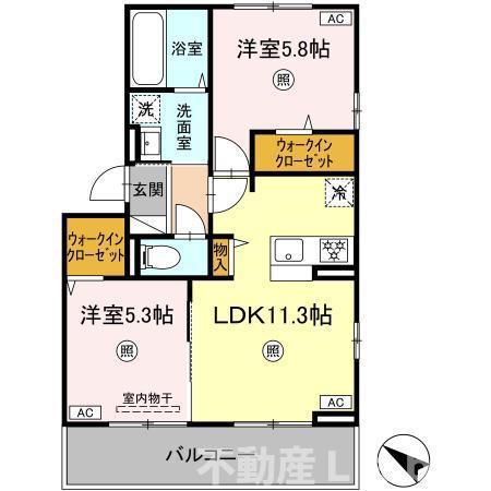 セレブ天草 B棟(2LDK/2階)の間取り写真