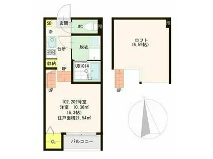 ハーモニーテラス東仙台V(1K/2階)の間取り写真