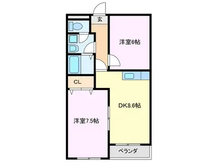 ボヌール(2DK/2階)の間取り写真