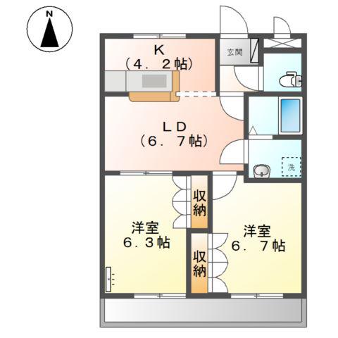 サニーハウス南B(2LDK/2階)の間取り写真