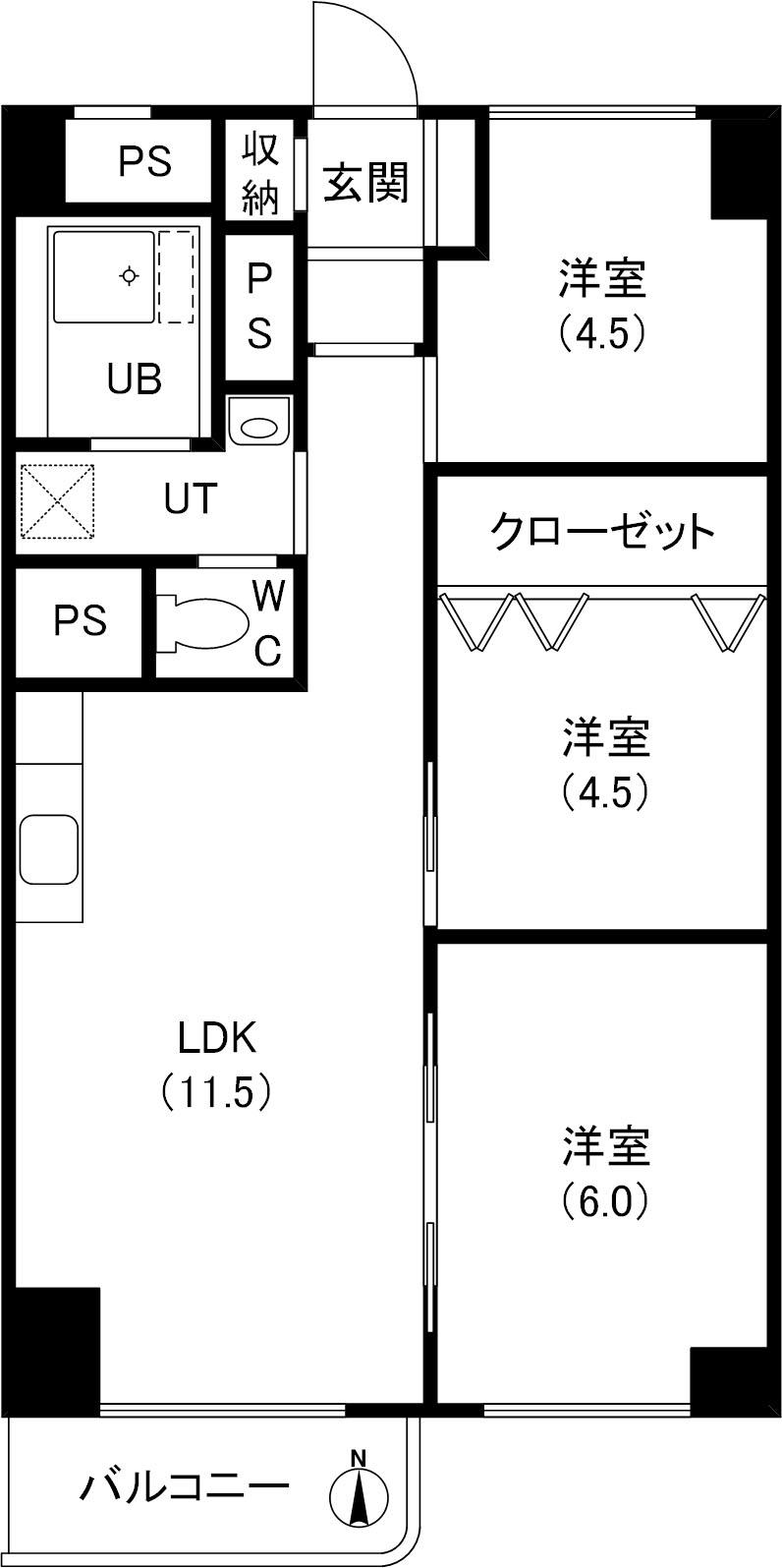 平岸ハイツ第1(3LDK/6階)の間取り写真