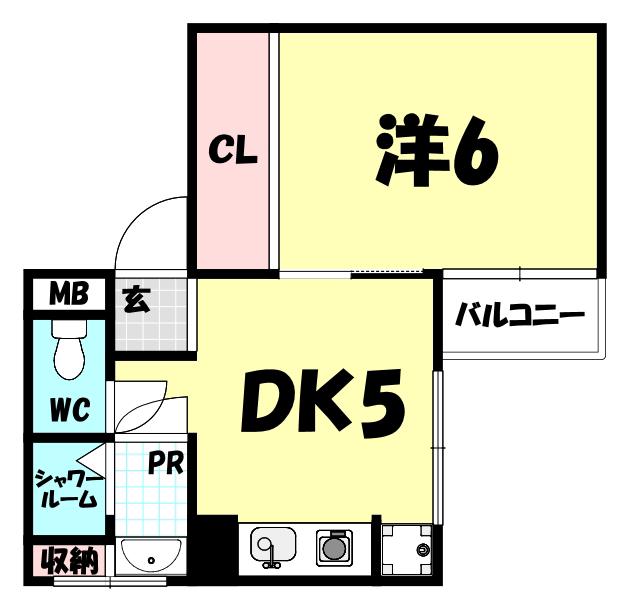 ツル元町(1DK/2階)の間取り写真
