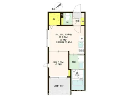 モンカンフリエ(1DK/2階)の間取り写真