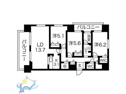 南円山シャトー桂和(3LDK/2階)の間取り写真