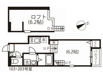 ハーモニーテラス川名町II(1K/2階)の間取り写真