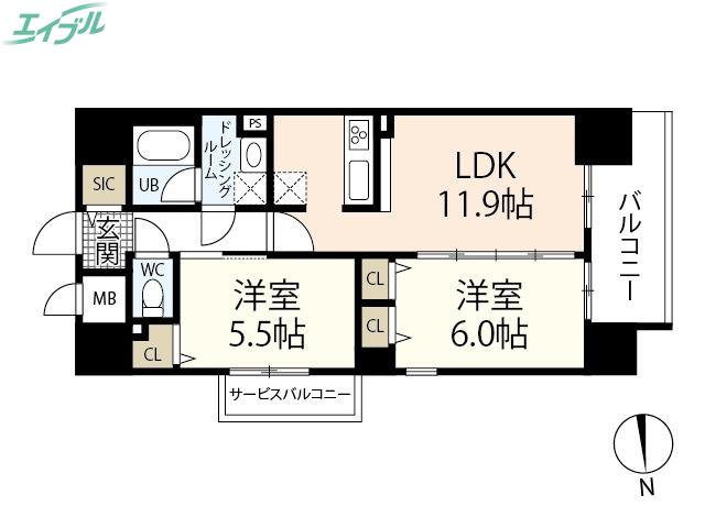 セントラルアヴェニュー田町(2LDK/9階)の間取り写真