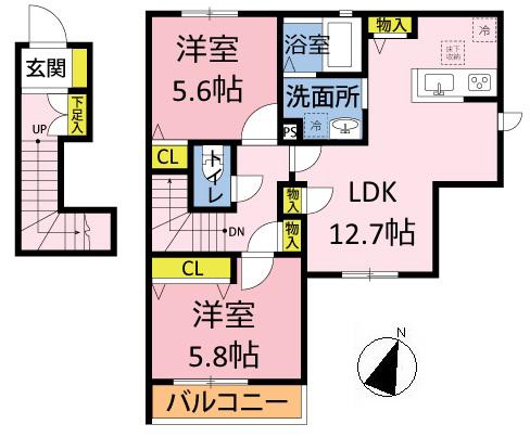 メープルコート(2LDK/2階)の間取り写真