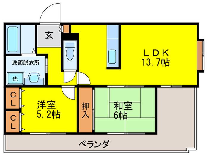 シェル・ピュール田辺(2LDK/5階)の間取り写真