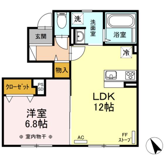 グリーンリーフ山の手(1LDK/1階)の間取り写真