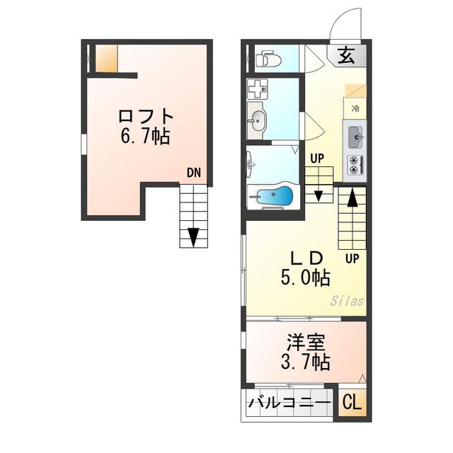 ハーモニーテラス東野八反畑町II(1DK/2階)の間取り写真