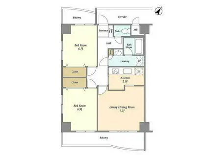 CORTILE自由ヶ丘(2LDK/7階)の間取り写真