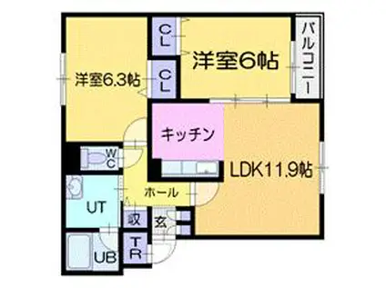 アンソレイエII(2LDK/1階)の間取り写真