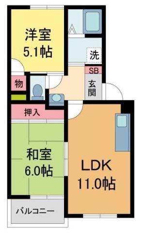 岡田山ハイツA(2LDK/1階)の間取り写真