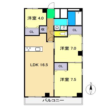 ヴュー鏡川(3LDK/4階)の間取り写真