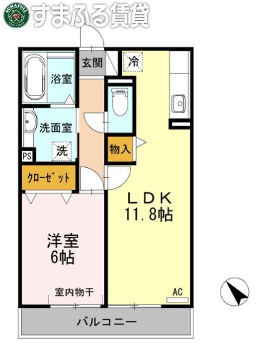 ラフィネ横山B棟(1LDK/2階)の間取り写真