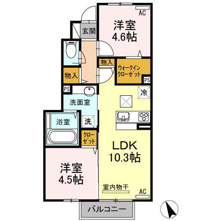 コスモ木屋瀬 A棟(2LDK/1階)の間取り写真