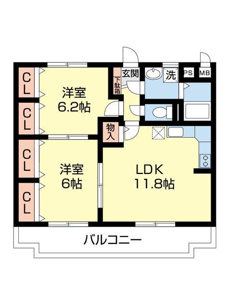 カルム宮(2LDK/2階)の間取り写真