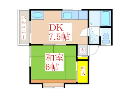 ハッピーハウス(1DK/2階)の間取り写真