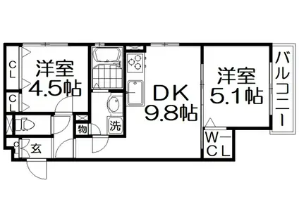 クリエオーレ桜園 II(2DK/3階)の間取り写真