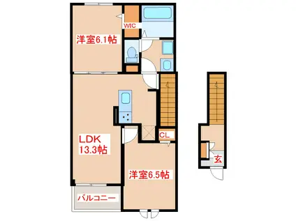 グラース 十町 B棟(2LDK/2階)の間取り写真