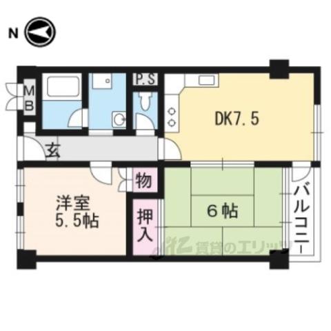 京福修学院マンション(2DK/2階)の間取り写真