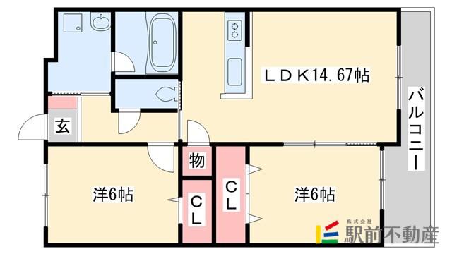 ＪＲ鹿児島本線 荒木駅 徒歩90分 3階建 築17年(2LDK/2階)の間取り写真
