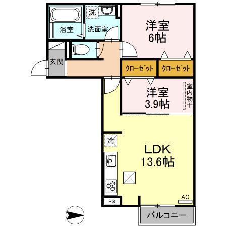 アリエッタ湯野(2LDK/2階)の間取り写真