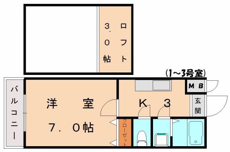 ルート古賀(1K/2階)の間取り写真