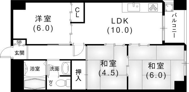 夢野ハイタウン1号棟(3LDK/4階)の間取り写真