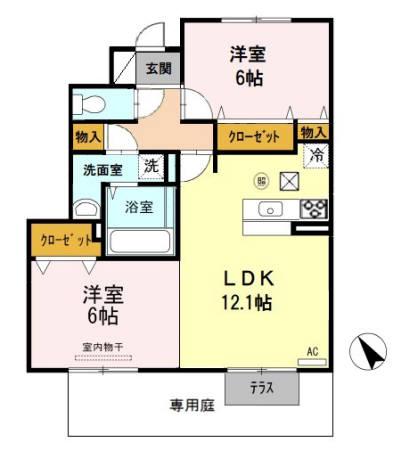 サンブランシュプレイスB棟(2LDK/1階)の間取り写真