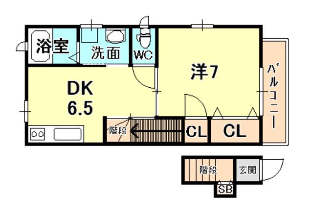 ヴァレンティア西宮北口(1DK/2階)の間取り写真