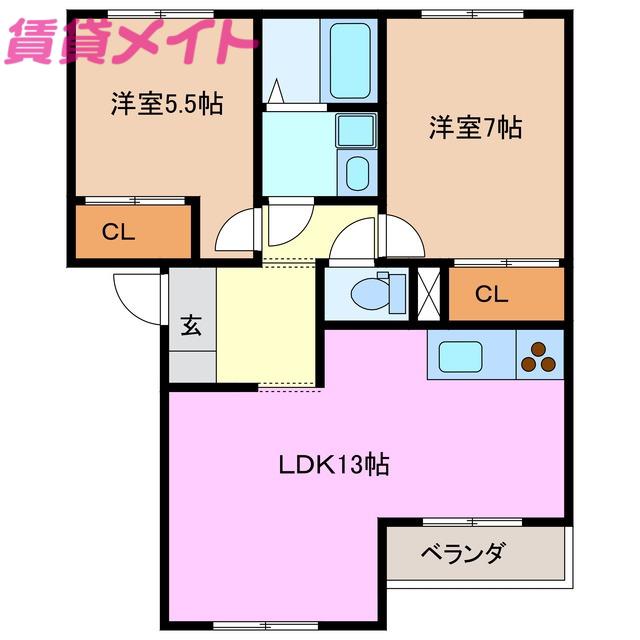 サンヒルズB棟(2LDK/2階)の間取り写真