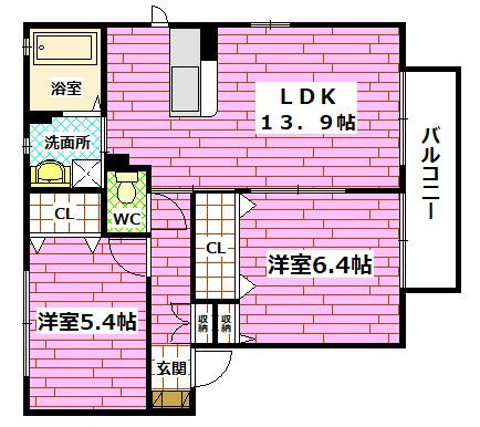 ラウンド・ヒルズII(2LDK/2階)の間取り写真